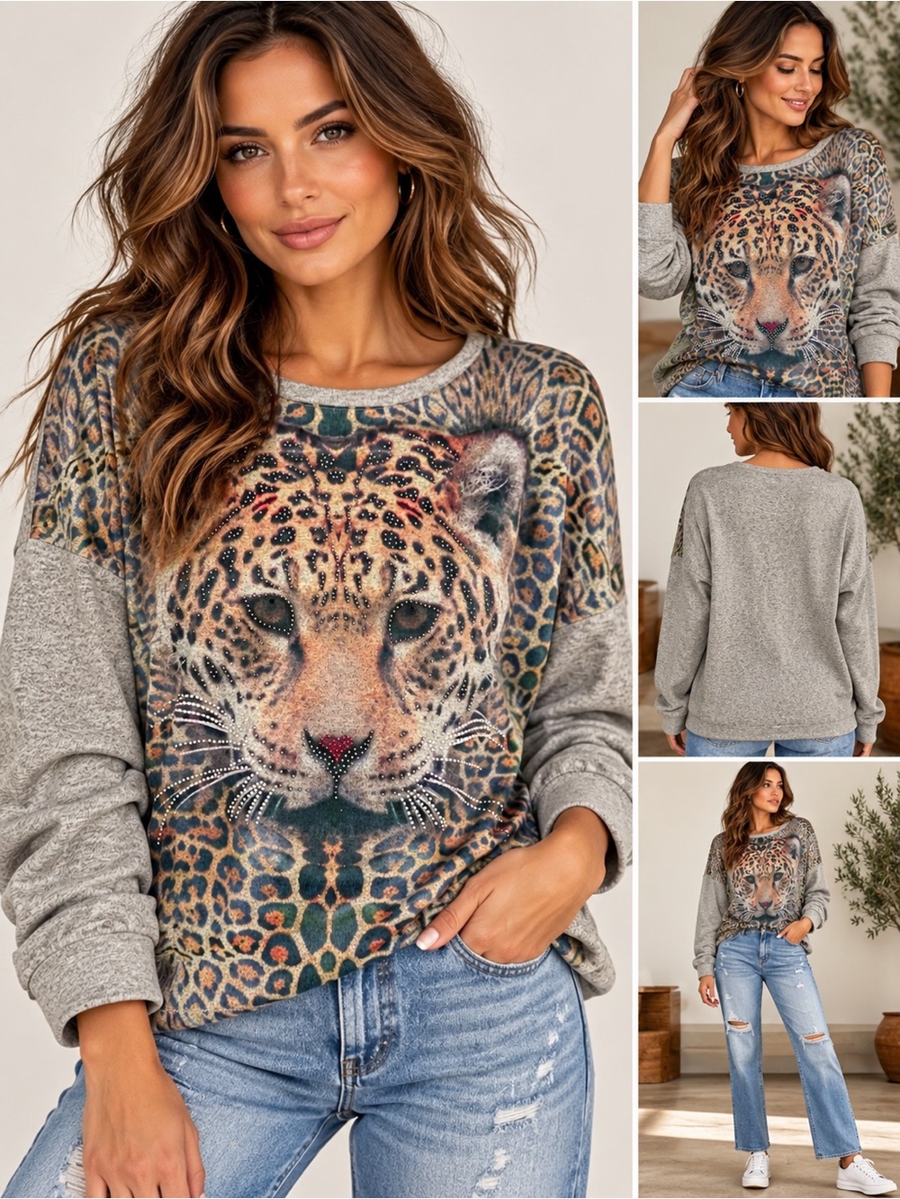 Custo Barcelona Flipa Tiger Leopard Rhinestone Graphic Top Gray Size L